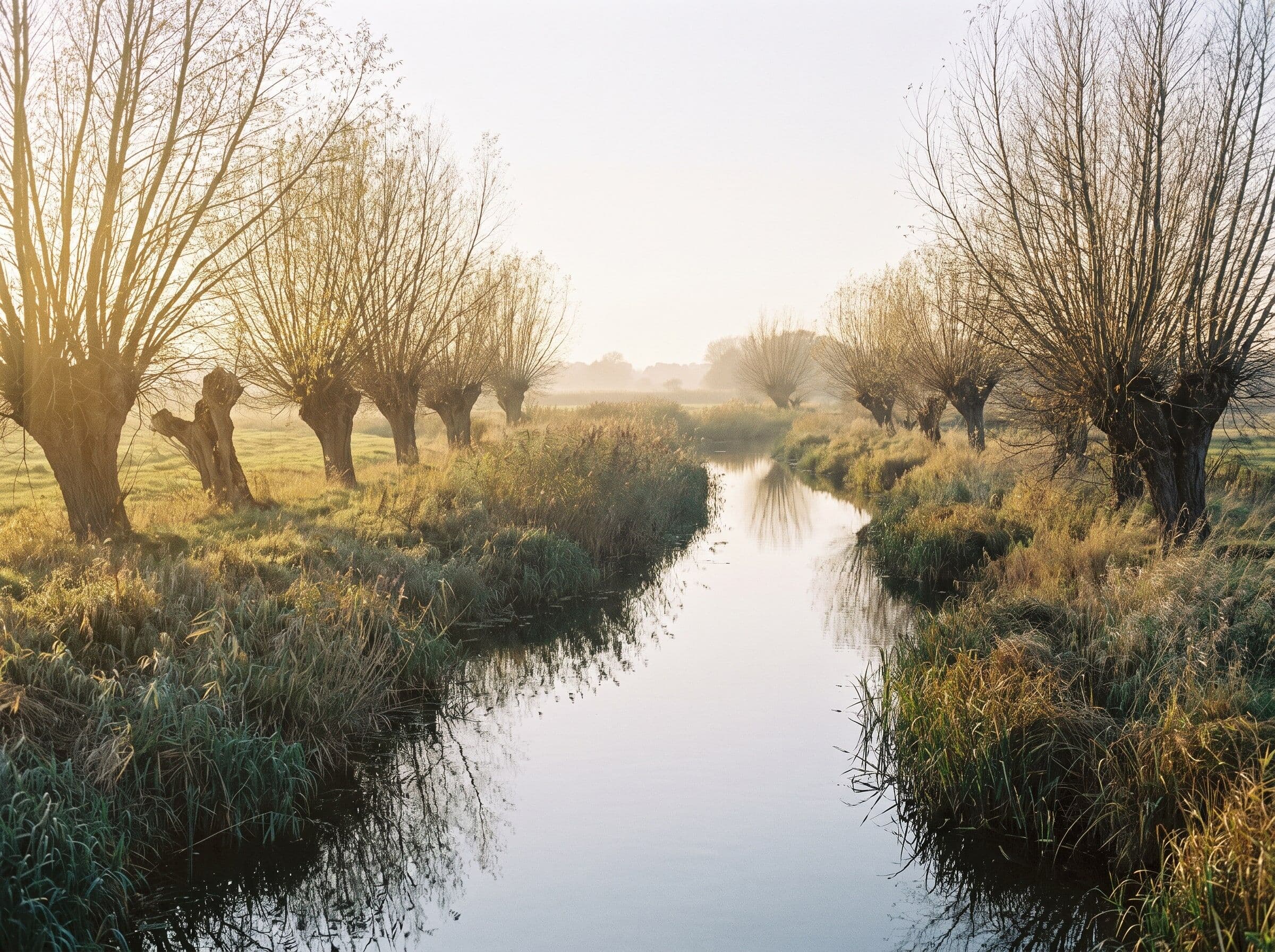 Kleiner Fluss zwischen Wiesen, an den Ufern Kopfweiden und Schilf, das Wasser spiegelt den hellen Himmel