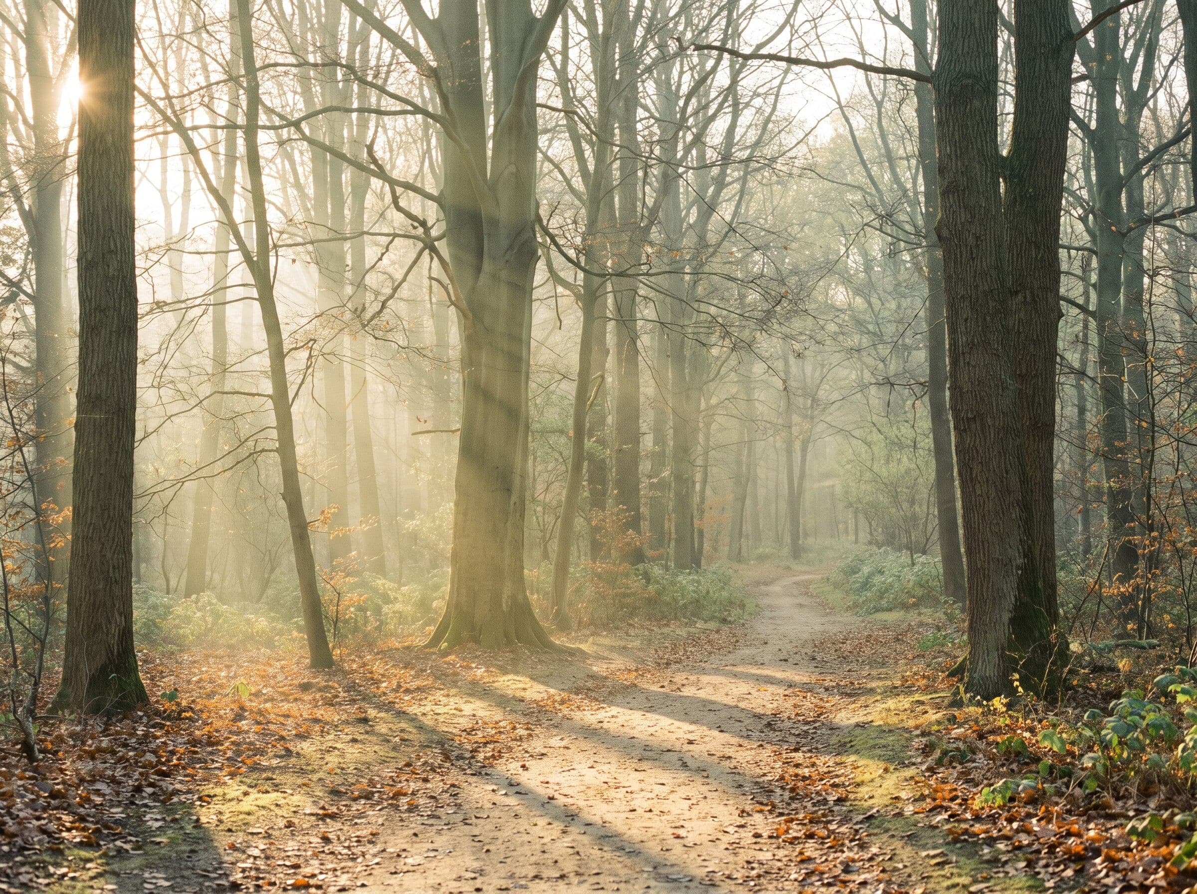 Sandiger Waldweg zwischen alten Buchen und Eichen, tief stehende Sonne fällt durch die Stämme